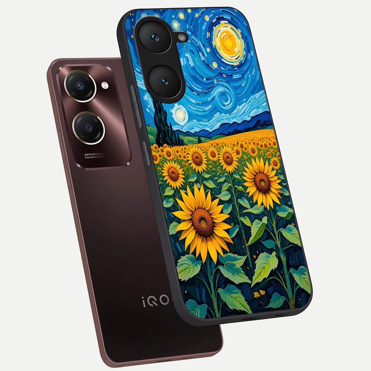  Starry Sunflower Dreams phone case for iQOO Z9 lite showing premium glass back cover with detailed artwork