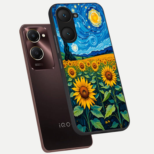  Starry Sunflower Dreams phone case for iQOO Z9 lite showing premium glass back cover with detailed artwork