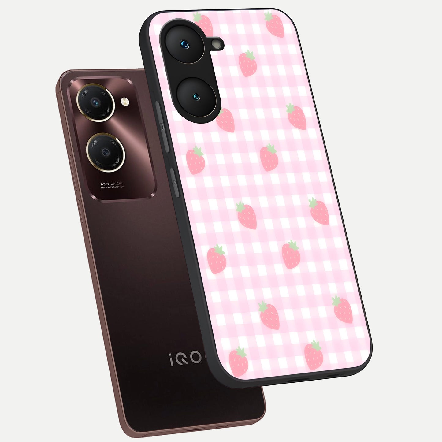  Strawberry Picnic Love phone case for iQOO Z9 lite showing premium glass back cover with detailed artwork