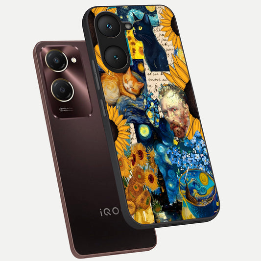  Sunflower Chic Mood Custom Name phone case for iQOO Z9 lite showing premium glass back cover with detailed artwork