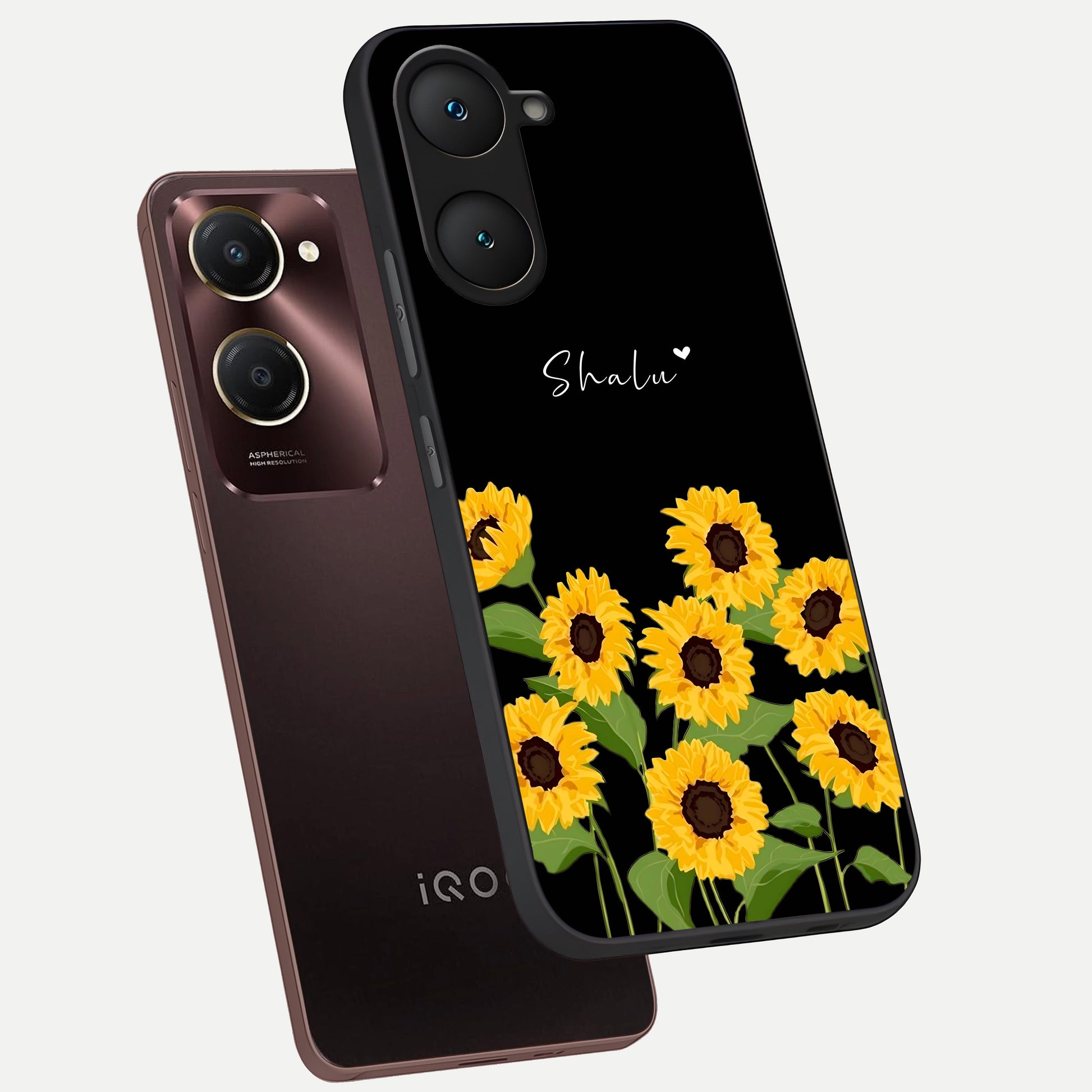  Sunflower Sky Bloom phone case for iQOO Z9 lite showing premium glass back cover with detailed artwork