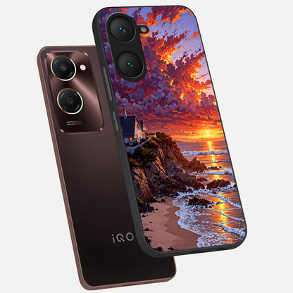  Sunset House By Sea phone case for iQOO Z9 lite showing premium glass back cover with detailed artwork