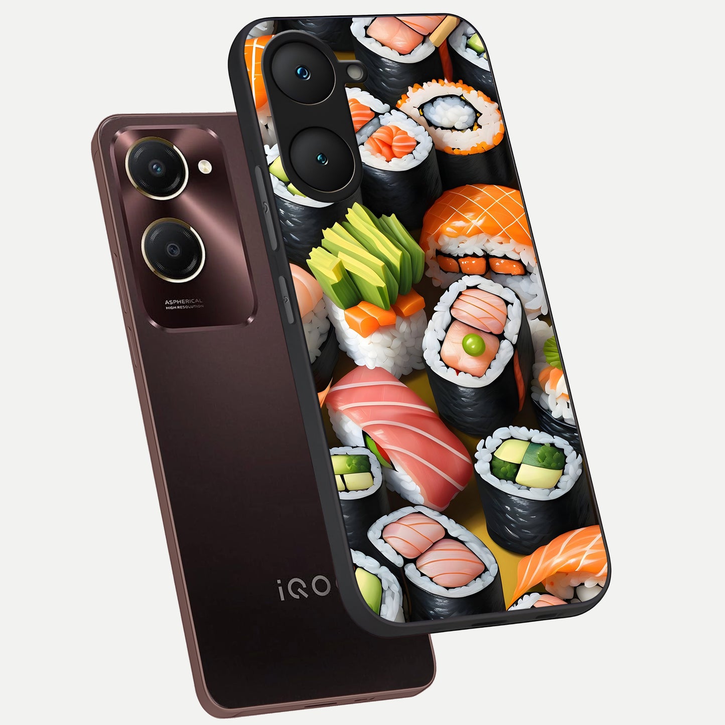  Sushi Food Pattern phone case for iQOO Z9 lite showing premium glass back cover with detailed artwork