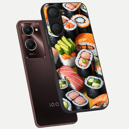  Sushi Food Pattern phone case for iQOO Z9 lite showing premium glass back cover with detailed artwork