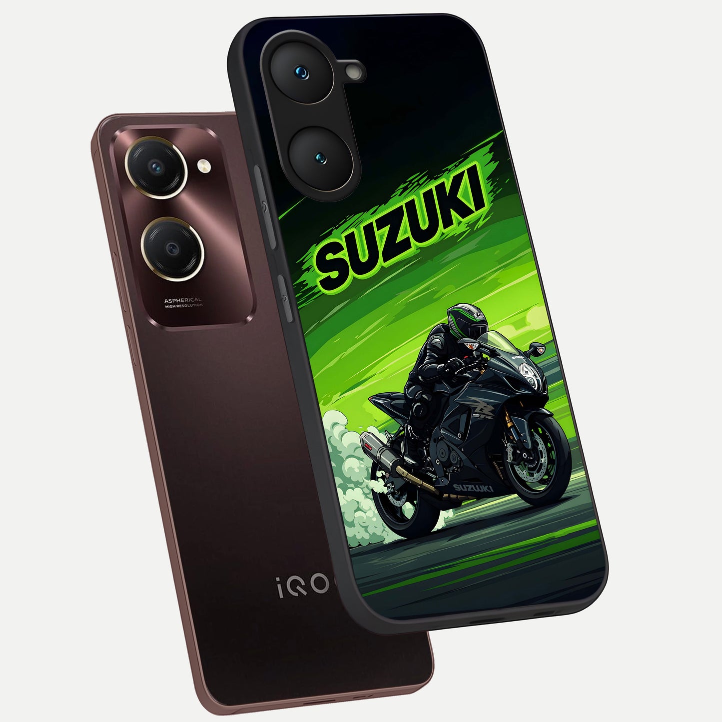  Suzuki Speed Beast phone case for iQOO Z9 lite showing premium glass back cover with detailed artwork