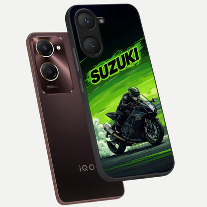  Suzuki Speed Beast phone case for iQOO Z9 lite showing premium glass back cover with detailed artwork