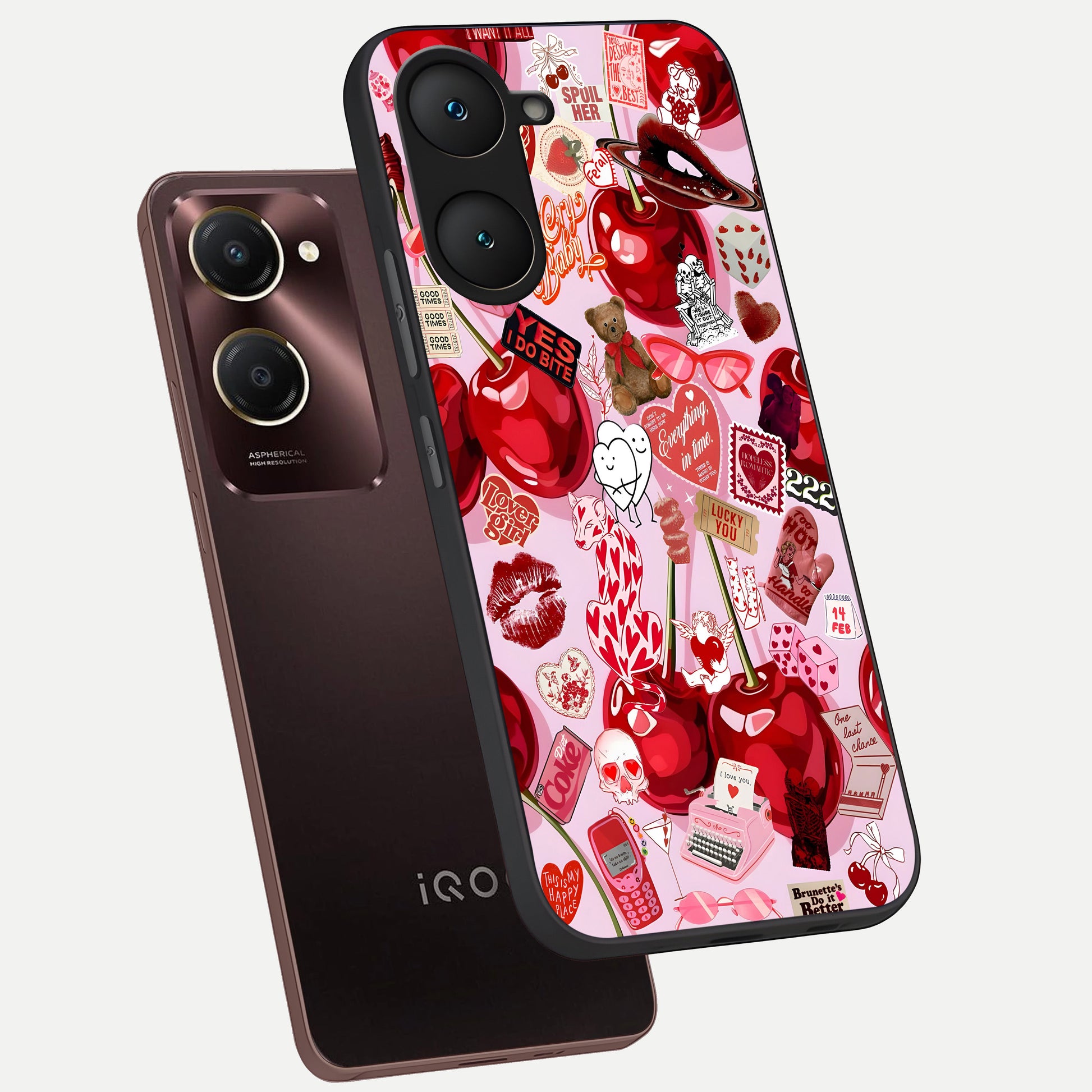  Sweet Cherry Chaos phone case for iQOO Z9 lite showing premium glass back cover with detailed artwork