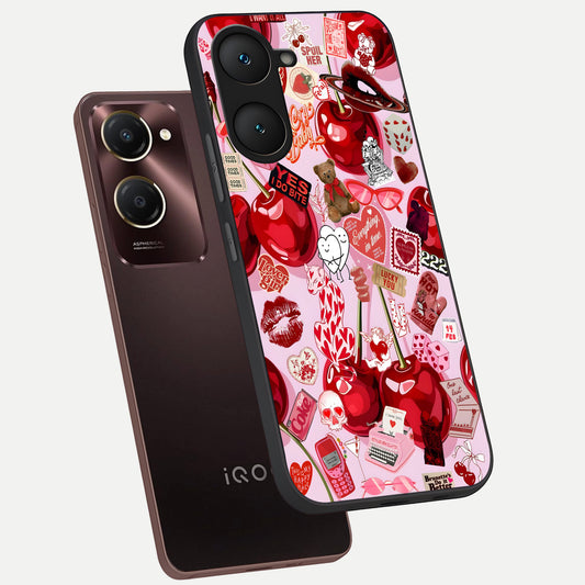  Sweet Cherry Chaos phone case for iQOO Z9 lite showing premium glass back cover with detailed artwork