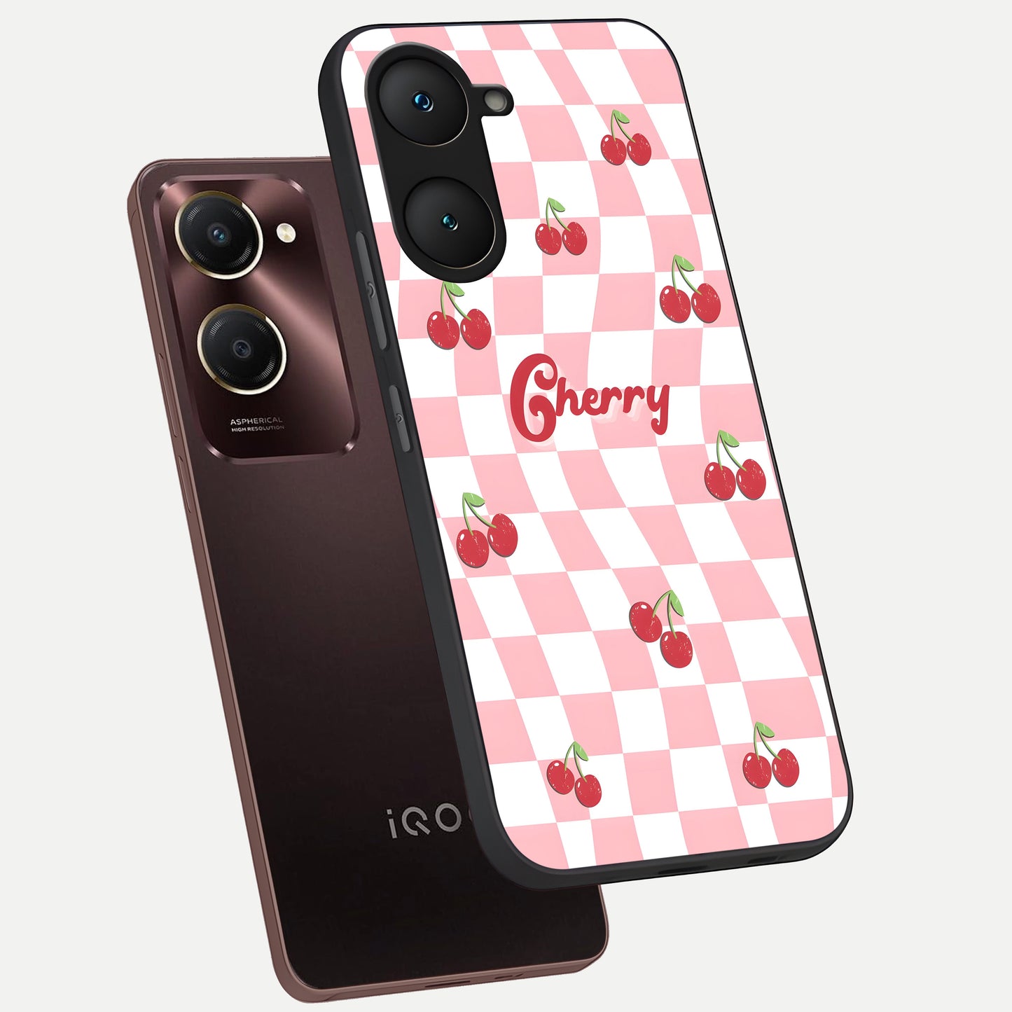  Sweet Cherry Vibes phone case for iQOO Z9 lite showing premium glass back cover with detailed artwork