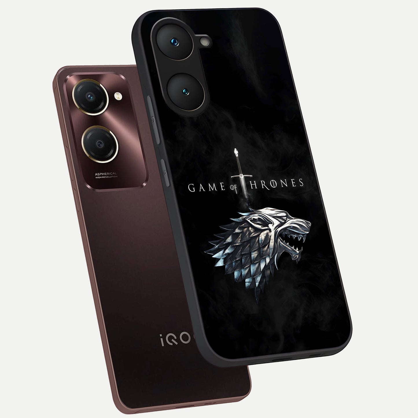  Throne Wolf Legacy phone case for iQOO Z9 lite showing premium glass back cover with detailed artwork