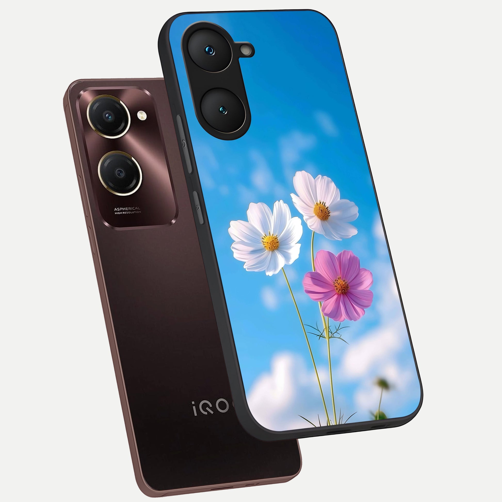  Tripple Flowers With Sky phone case for iQOO Z9 lite showing premium glass back cover with detailed artwork