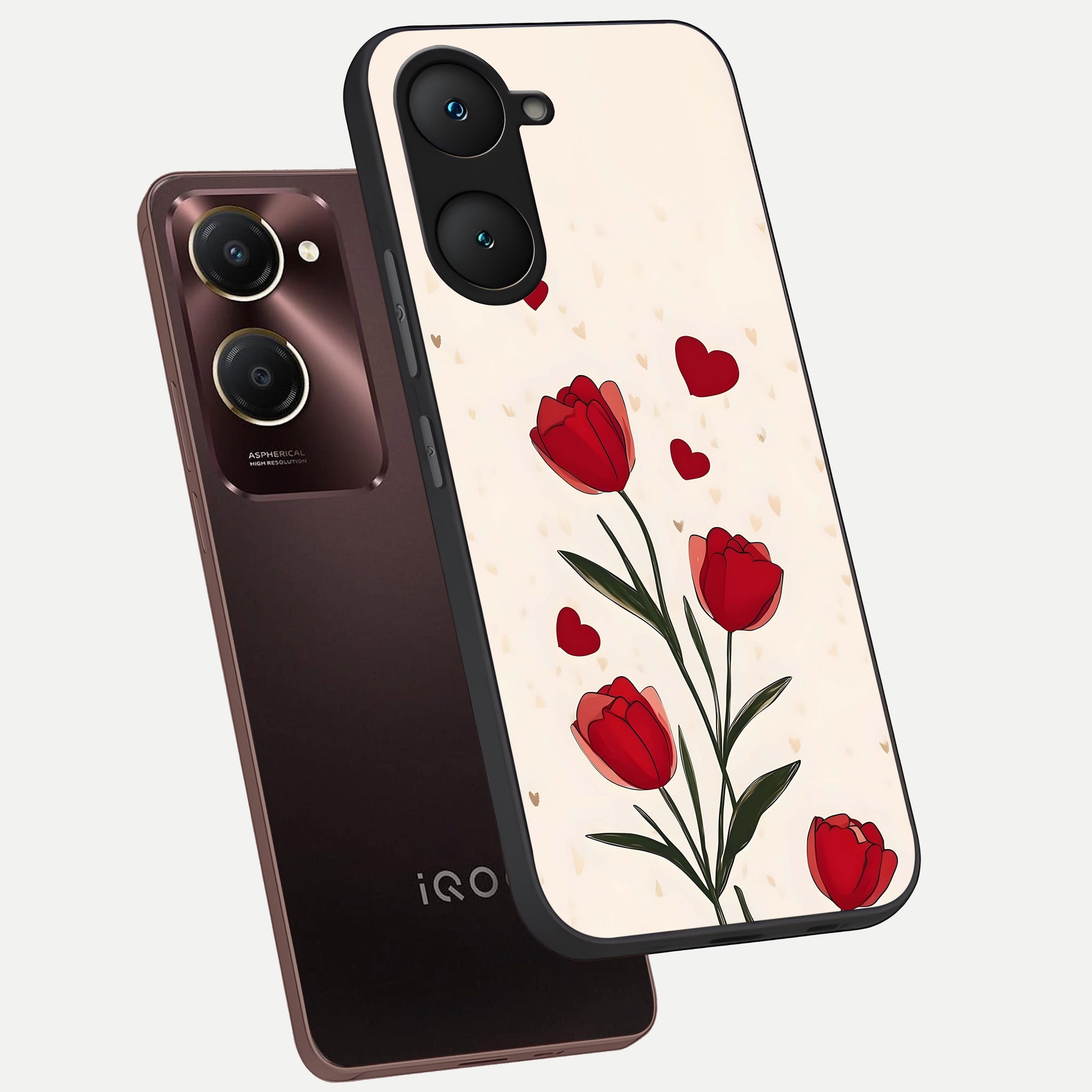  Tulip With Heart phone case for iQOO Z9 lite showing premium glass back cover with detailed artwork