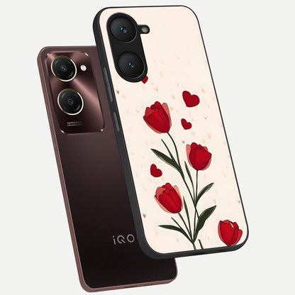  Tulip With Heart phone case for iQOO Z9 lite showing premium glass back cover with detailed artwork