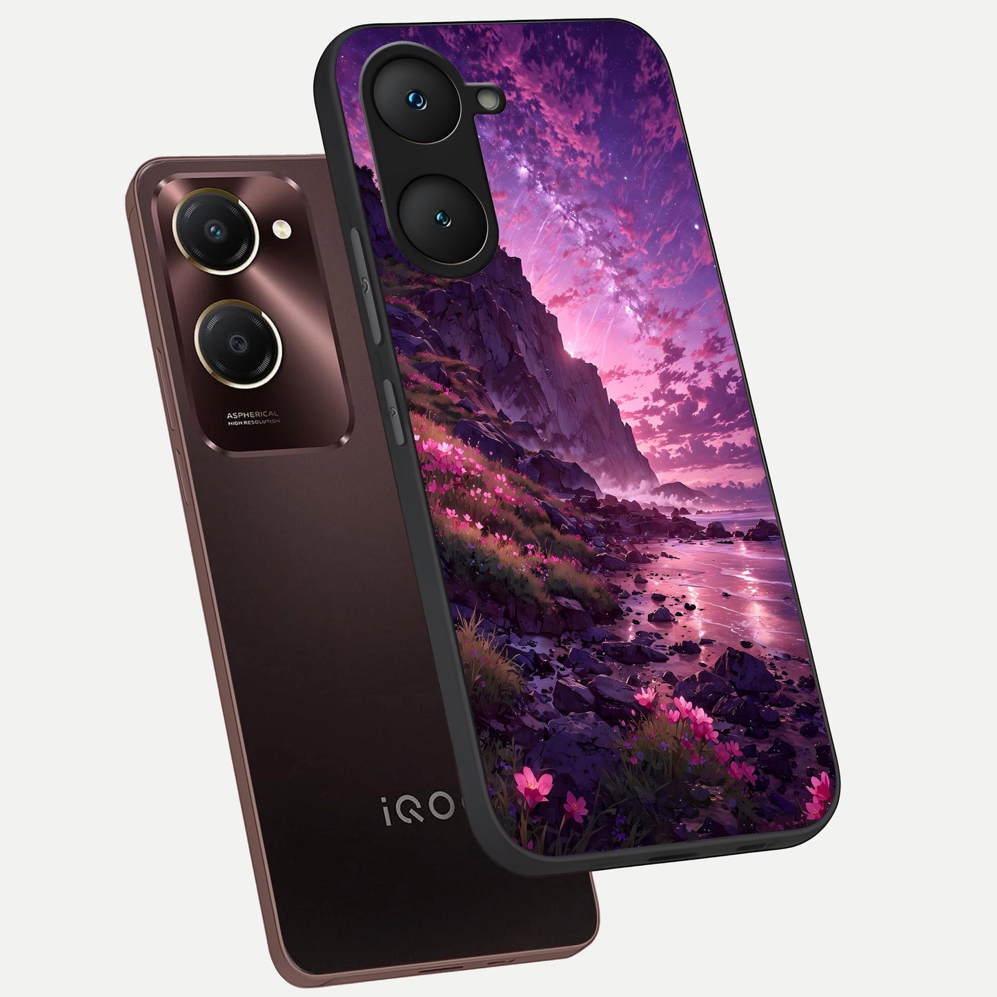  Twilight Blossom Coast phone case for iQOO Z9 lite showing premium glass back cover with detailed artwork