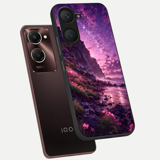  Twilight Blossom Coast phone case for iQOO Z9 lite showing premium glass back cover with detailed artwork