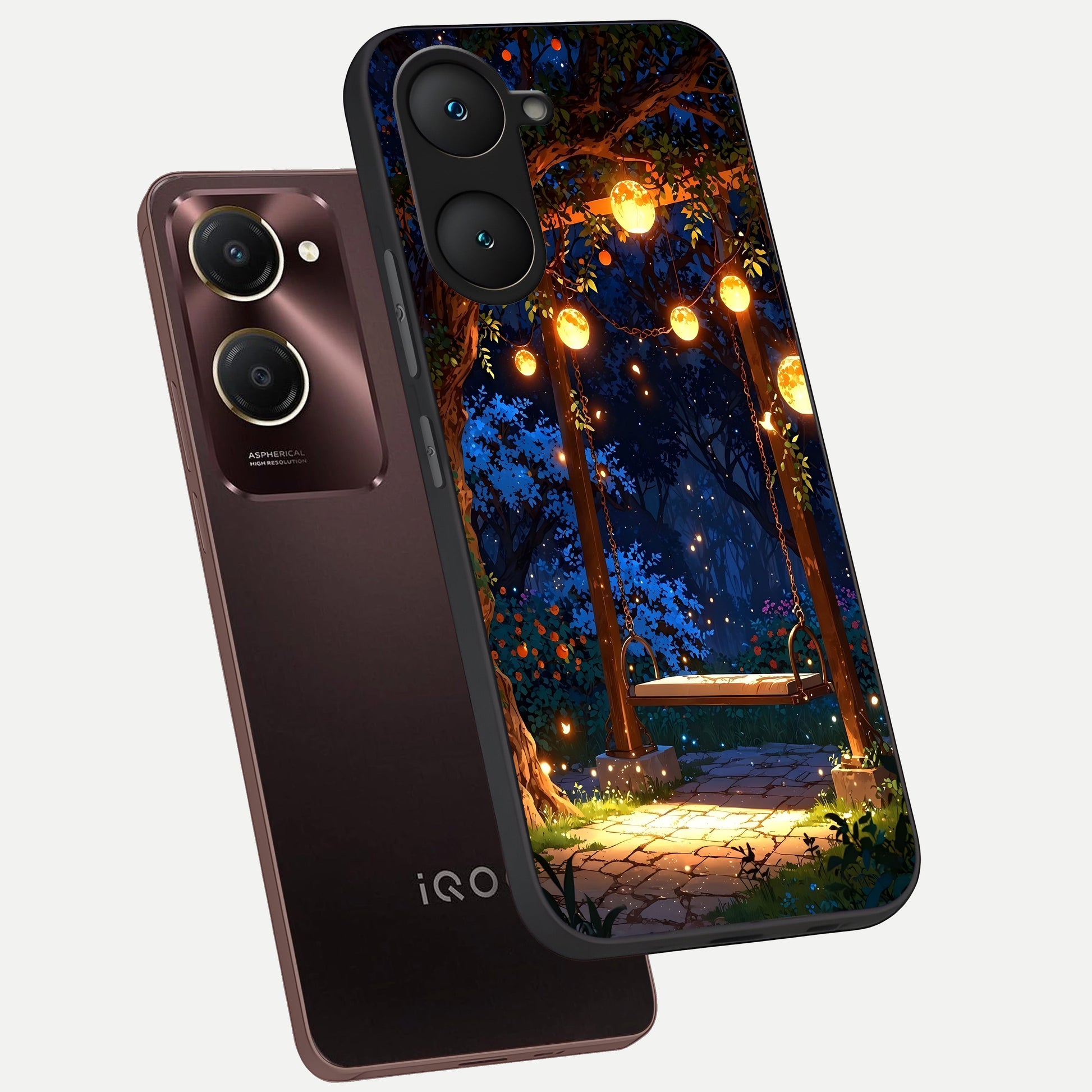  Twilight Garden Swing phone case for iQOO Z9 lite showing premium glass back cover with detailed artwork