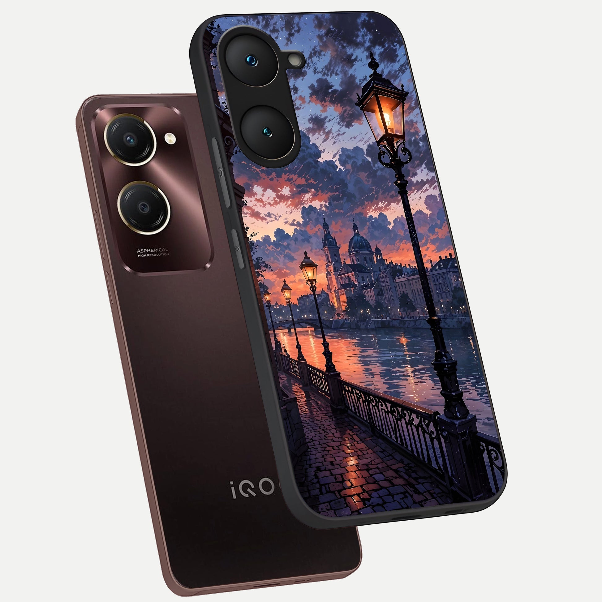  Twilight River Lights phone case for iQOO Z9 lite showing premium glass back cover with detailed artwork