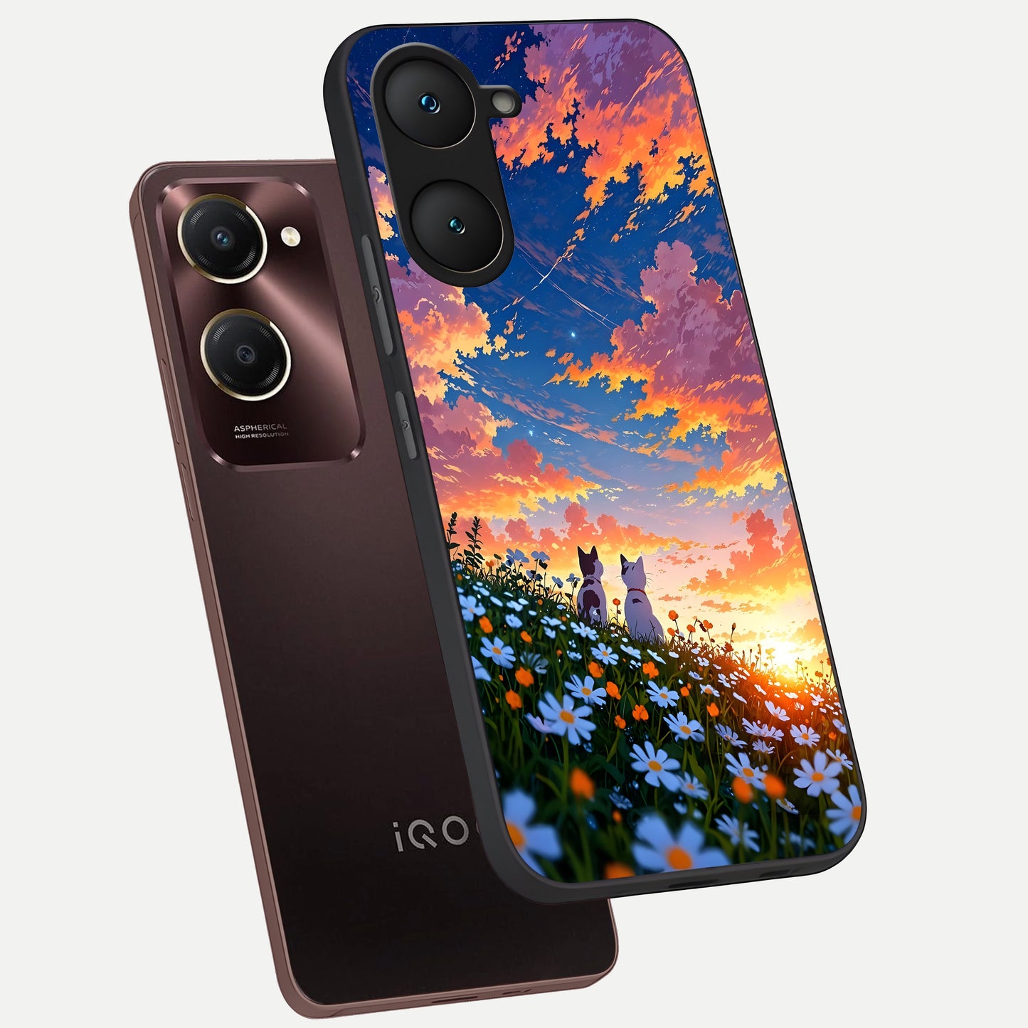  Two Cats Friends phone case for iQOO Z9 lite showing premium glass back cover with detailed artwork