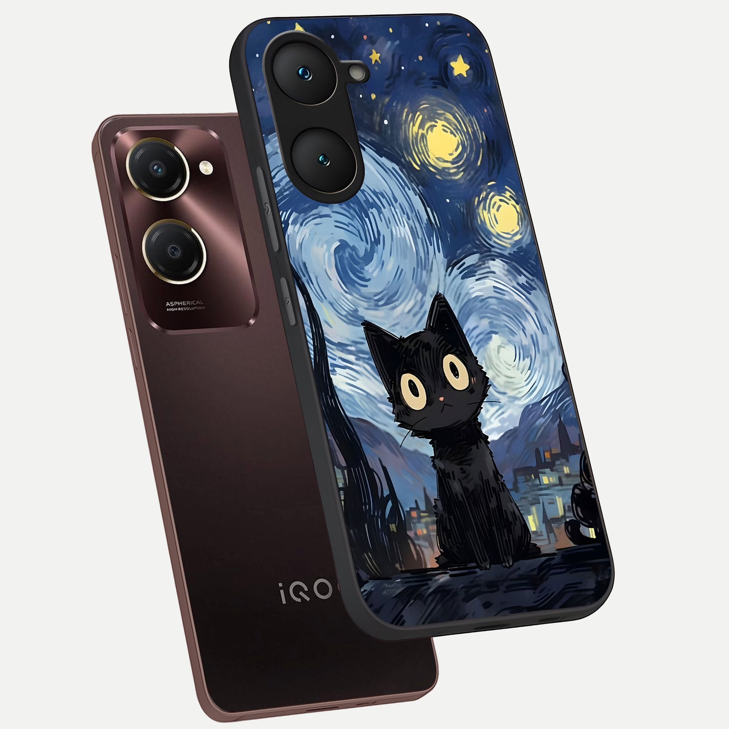  Van Gogh Cat phone case for iQOO Z9 lite showing premium glass back cover with detailed artwork
