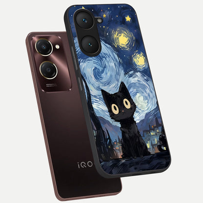  Van Gogh Cat phone case for iQOO Z9 lite showing premium glass back cover with detailed artwork