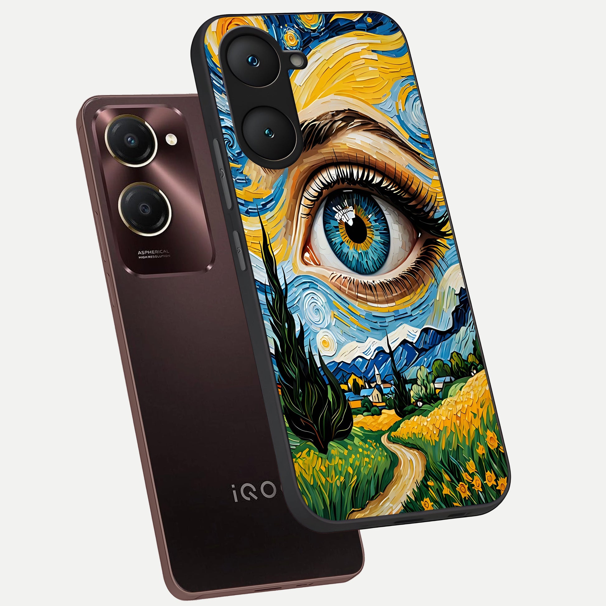  Van Gogh Eye phone case for iQOO Z9 lite showing premium glass back cover with detailed artwork