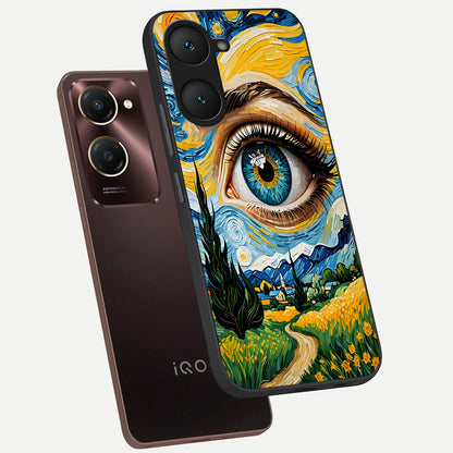  Van Gogh Eye phone case for iQOO Z9 lite showing premium glass back cover with detailed artwork