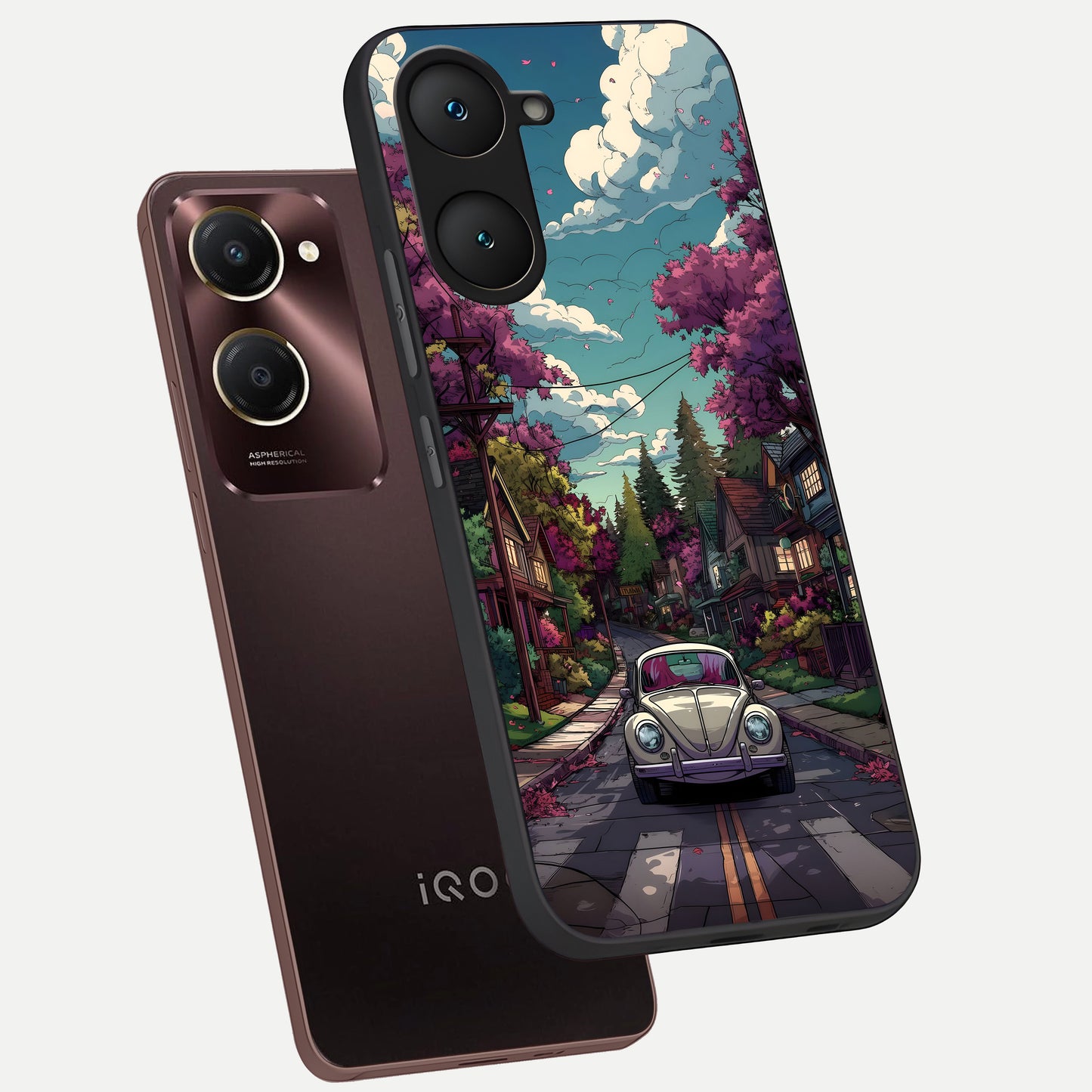  Vintage Street Drive phone case for iQOO Z9 lite showing premium glass back cover with detailed artwork