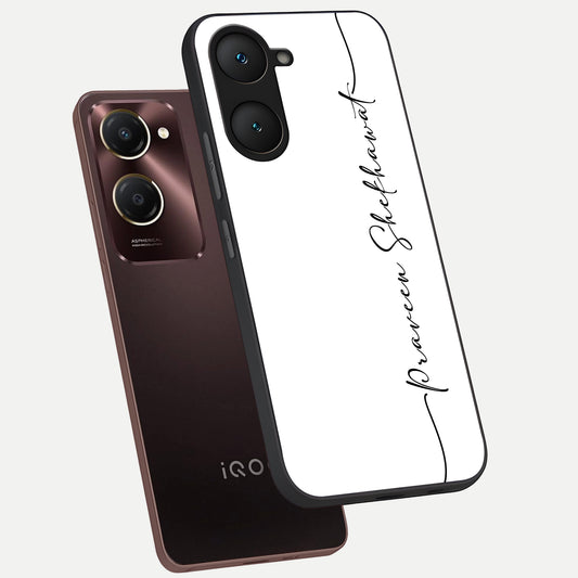  White Tune Custom Name phone case for iQOO Z9 lite showing premium custom name glass back cover