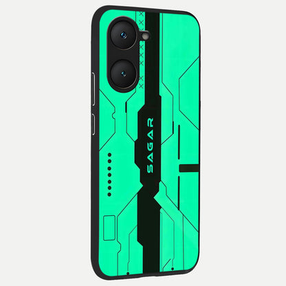  Aqua Tech CYBERPUNK Custom Name back cover for iQOO Z9 lite slim fit glass case with vibrant aesthetic design