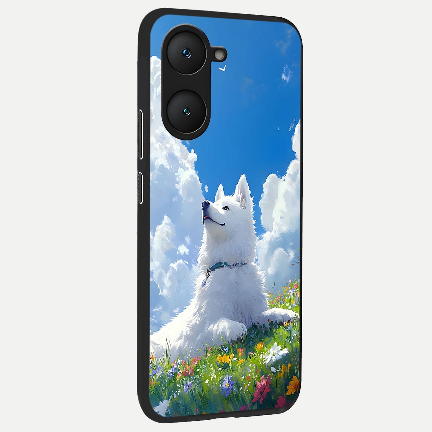  Blissful Cloud Pup back cover for iQOO Z9 lite slim fit glass case with vibrant aesthetic design