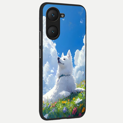  Blissful Cloud Pup back cover for iQOO Z9 lite slim fit glass case with vibrant aesthetic design