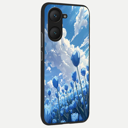  Blue Tulip Clouds back cover for iQOO Z9 lite slim fit glass case with vibrant aesthetic design
