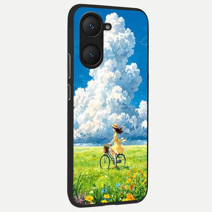  Breezy Meadow Ride back cover for iQOO Z9 lite slim fit glass case with vibrant aesthetic design