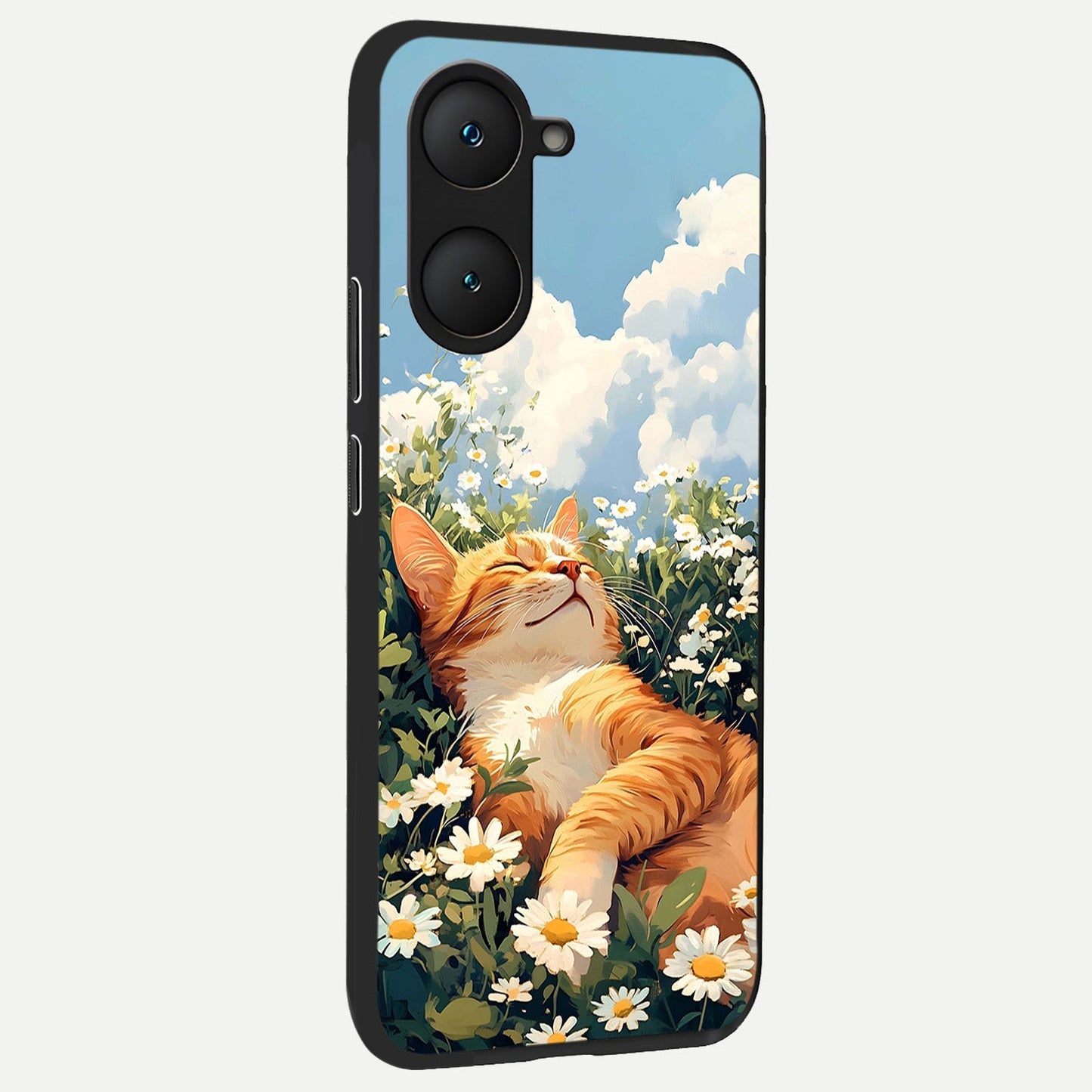  Cat And Flowers View back cover for iQOO Z9 lite slim fit glass case with vibrant aesthetic design