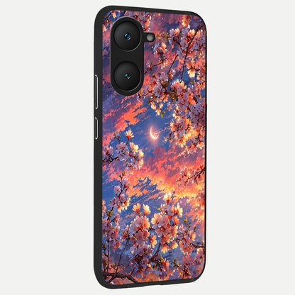  Celestial Sakura Sunset back cover for iQOO Z9 lite slim fit glass case with vibrant aesthetic design