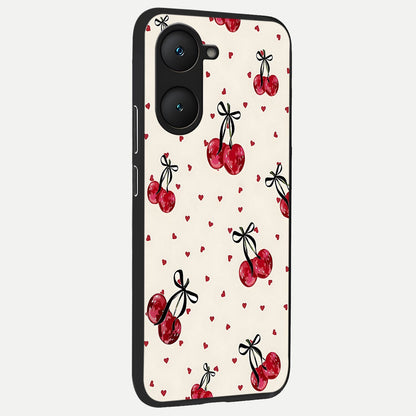  Cherry Heart Bow back cover for iQOO Z9 lite slim fit glass case with vibrant aesthetic design