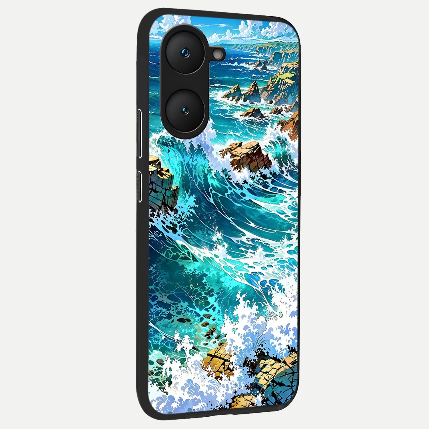  Coastal Blue Waves back cover for iQOO Z9 lite slim fit glass case with vibrant aesthetic design