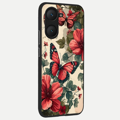  Crimson Butterfly Garden back cover for iQOO Z9 lite slim fit glass case with vibrant aesthetic design