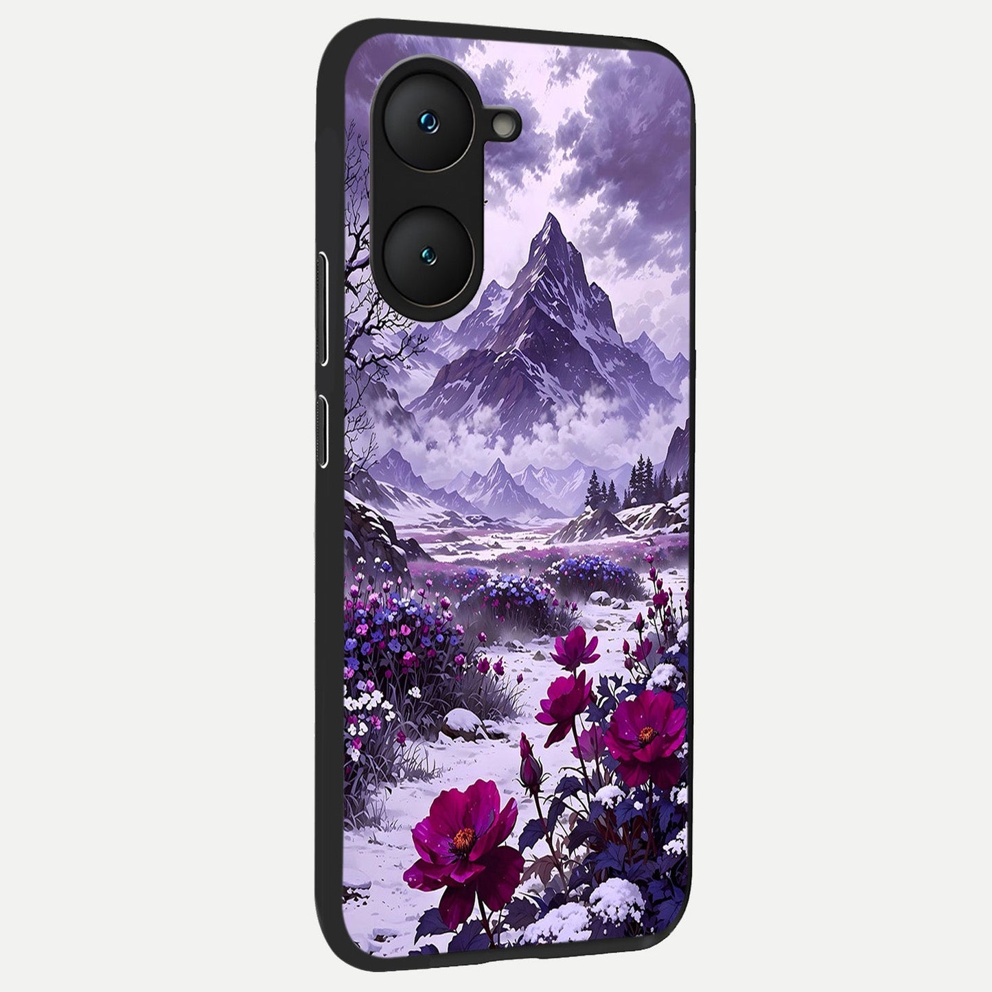  Flower Mountain View back cover for iQOO Z9 lite slim fit glass case with vibrant aesthetic design