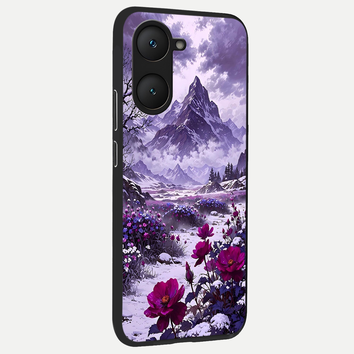  Flower Mountain View back cover for iQOO Z9 lite slim fit glass case with vibrant aesthetic design