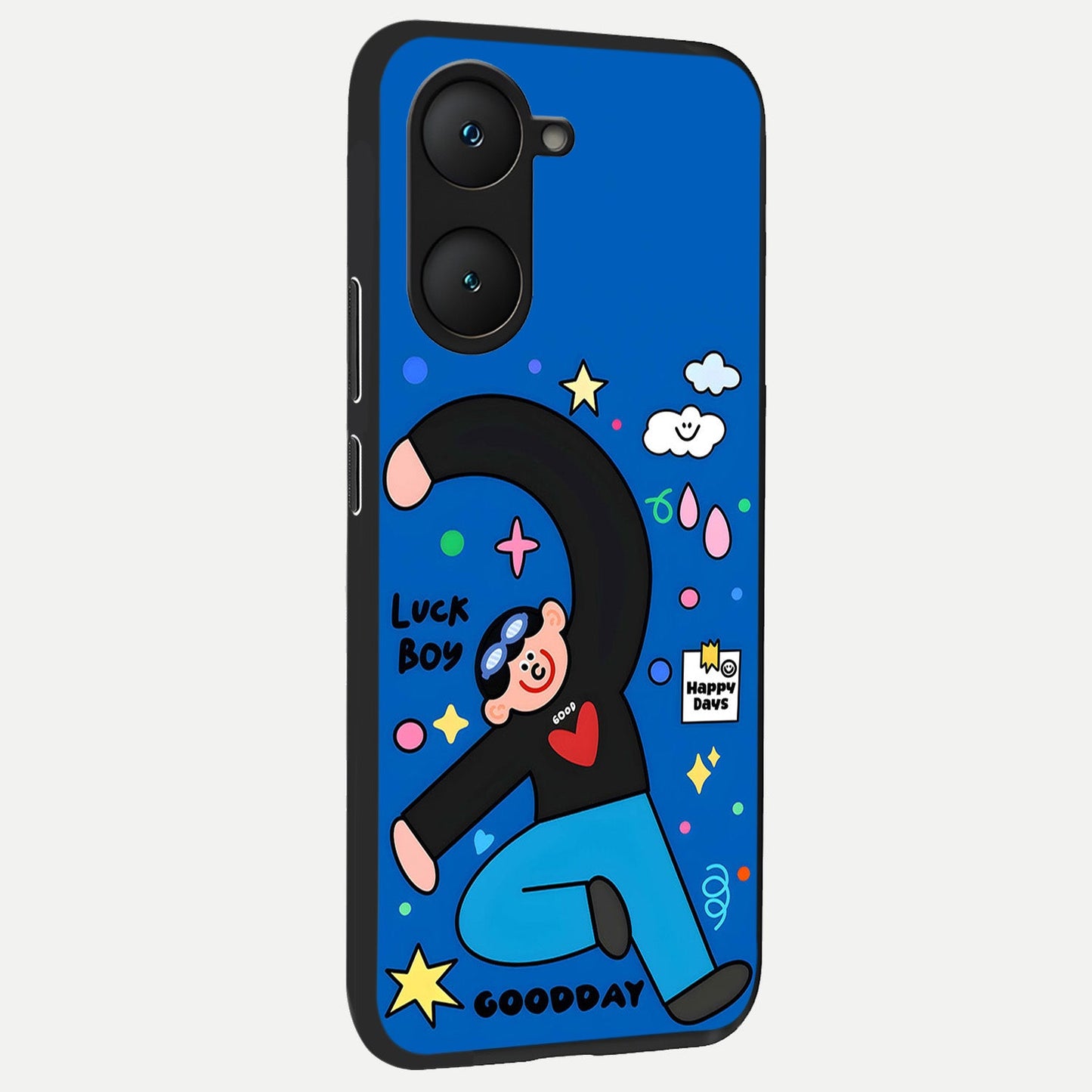  Happy Luck Vibe back cover for iQOO Z9 lite slim fit glass case with vibrant aesthetic design