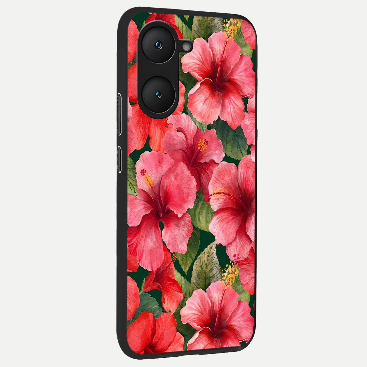  Hibiscus Pattern back cover for iQOO Z9 lite slim fit glass case with vibrant aesthetic design