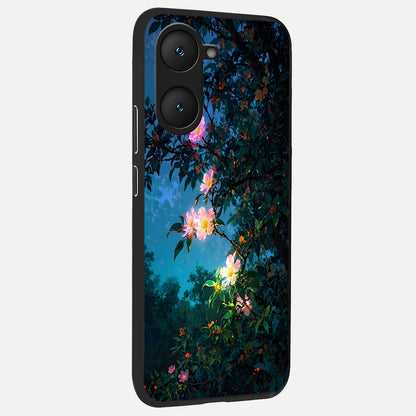  Midnight Bloom Glow back cover for iQOO Z9 lite slim fit glass case with vibrant aesthetic design