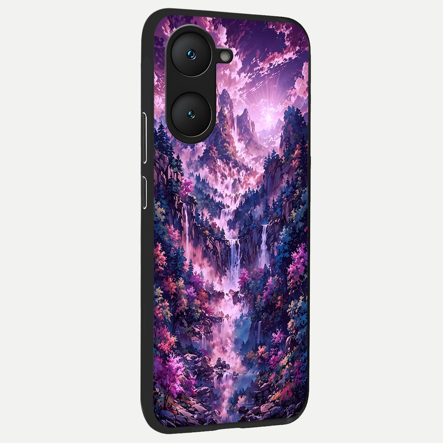  Mystic Cascade Peaks back cover for iQOO Z9 lite slim fit glass case with vibrant aesthetic design