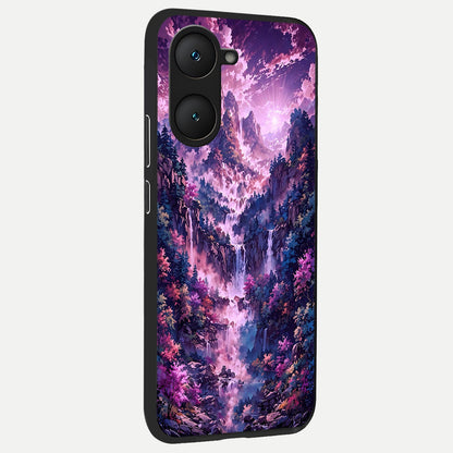  Mystic Cascade Peaks back cover for iQOO Z9 lite slim fit glass case with vibrant aesthetic design
