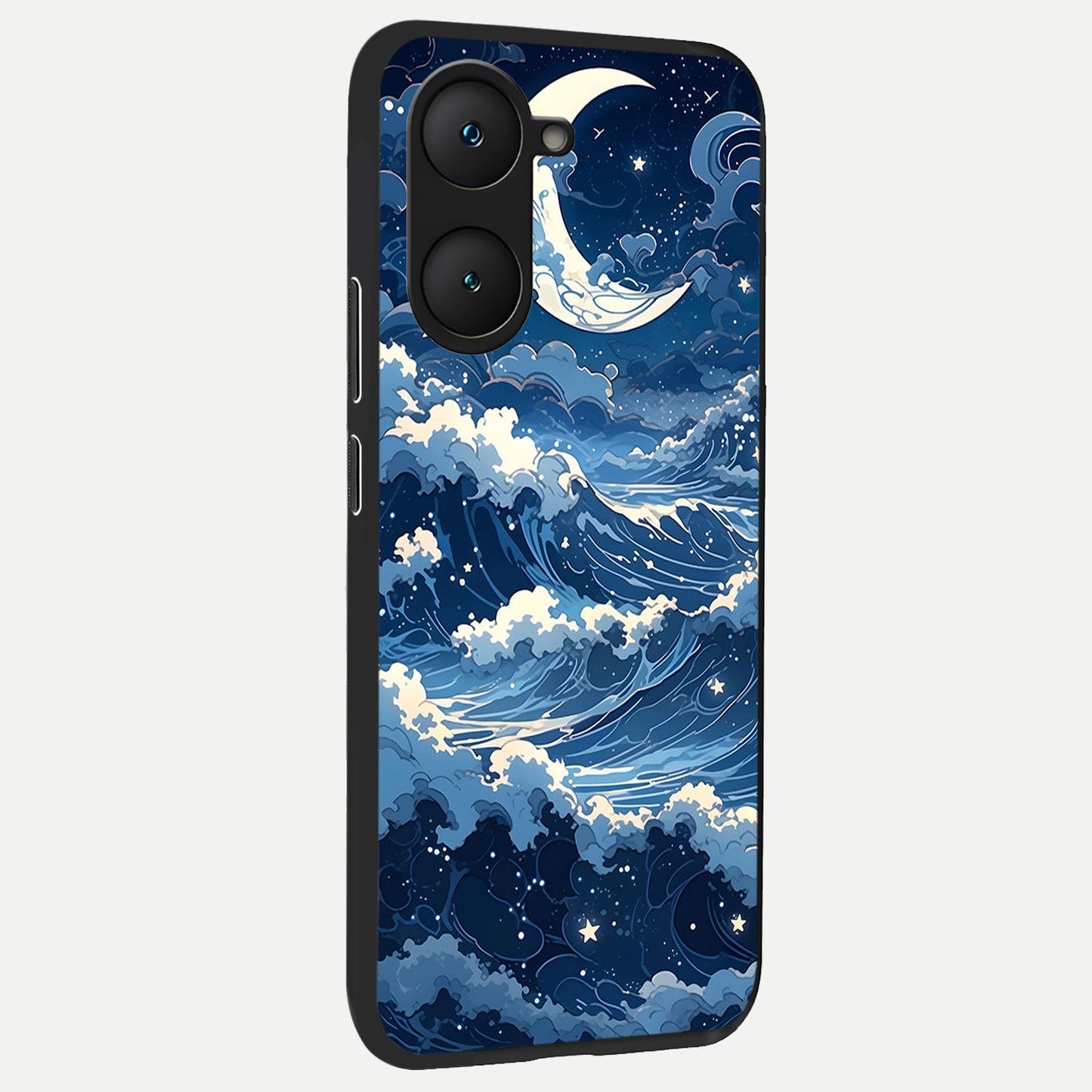  Ocean Moon Waves back cover for iQOO Z9 lite slim fit glass case with vibrant aesthetic design