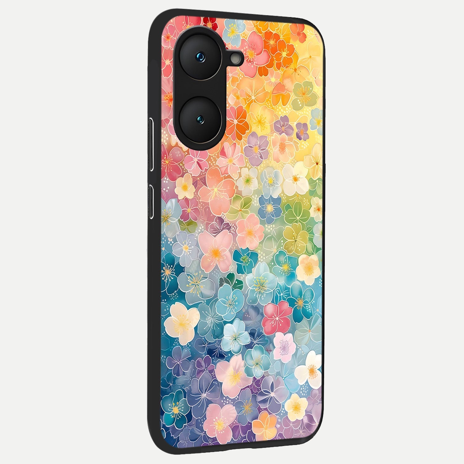  Rainbow Blossom Burst back cover for iQOO Z9 lite slim fit glass case with vibrant aesthetic design