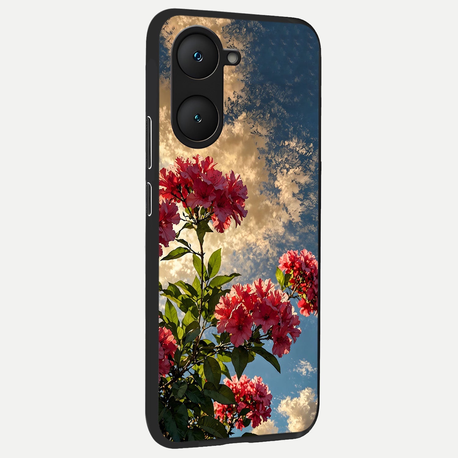  Red Bloom Skies back cover for iQOO Z9 lite slim fit glass case with vibrant aesthetic design