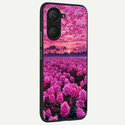  Rose Sunset Valley back cover for iQOO Z9 lite slim fit glass case with vibrant aesthetic design