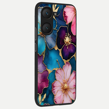  Sparkle Floral back cover for iQOO Z9 lite slim fit glass case with vibrant aesthetic design